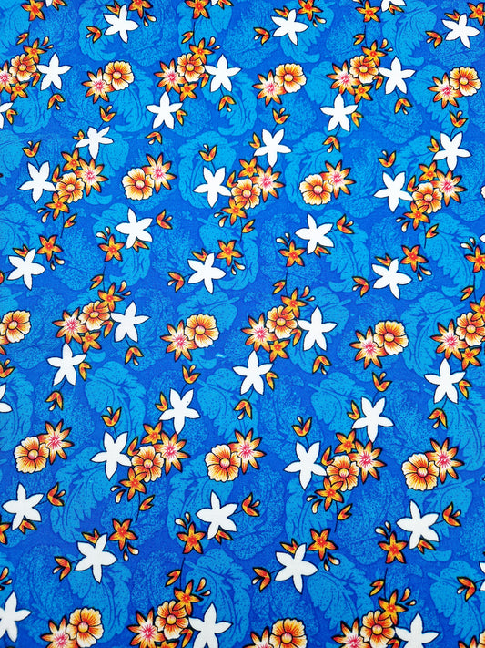 Viscose - blue,white, and orange flower - 58" wide - Sold by the metre