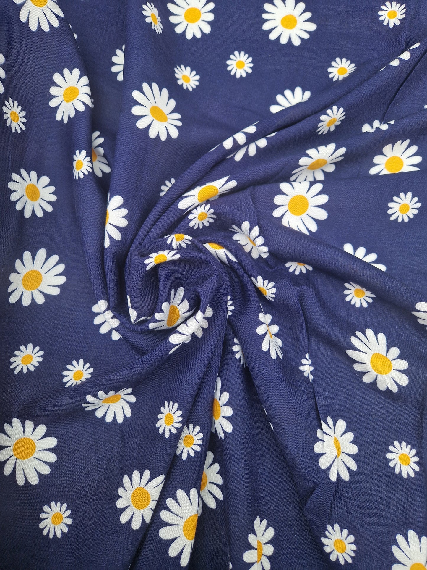 Viscose - navy daisy print 58" wide - Sold by the metre
